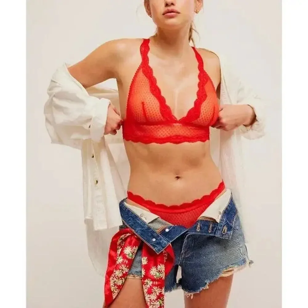 Free People Longline Bra, Small, Red Mesh Lace Polka Dot Sheer Bralette Lingerie